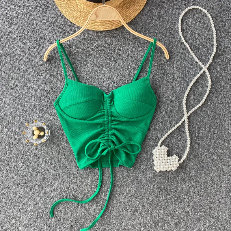 

Women Drawstring Strap Crop Tops Sexy Sleeveless V Neck Slim Y2K Tops 2022 Summer Korean Off Shoulder Short Camisole