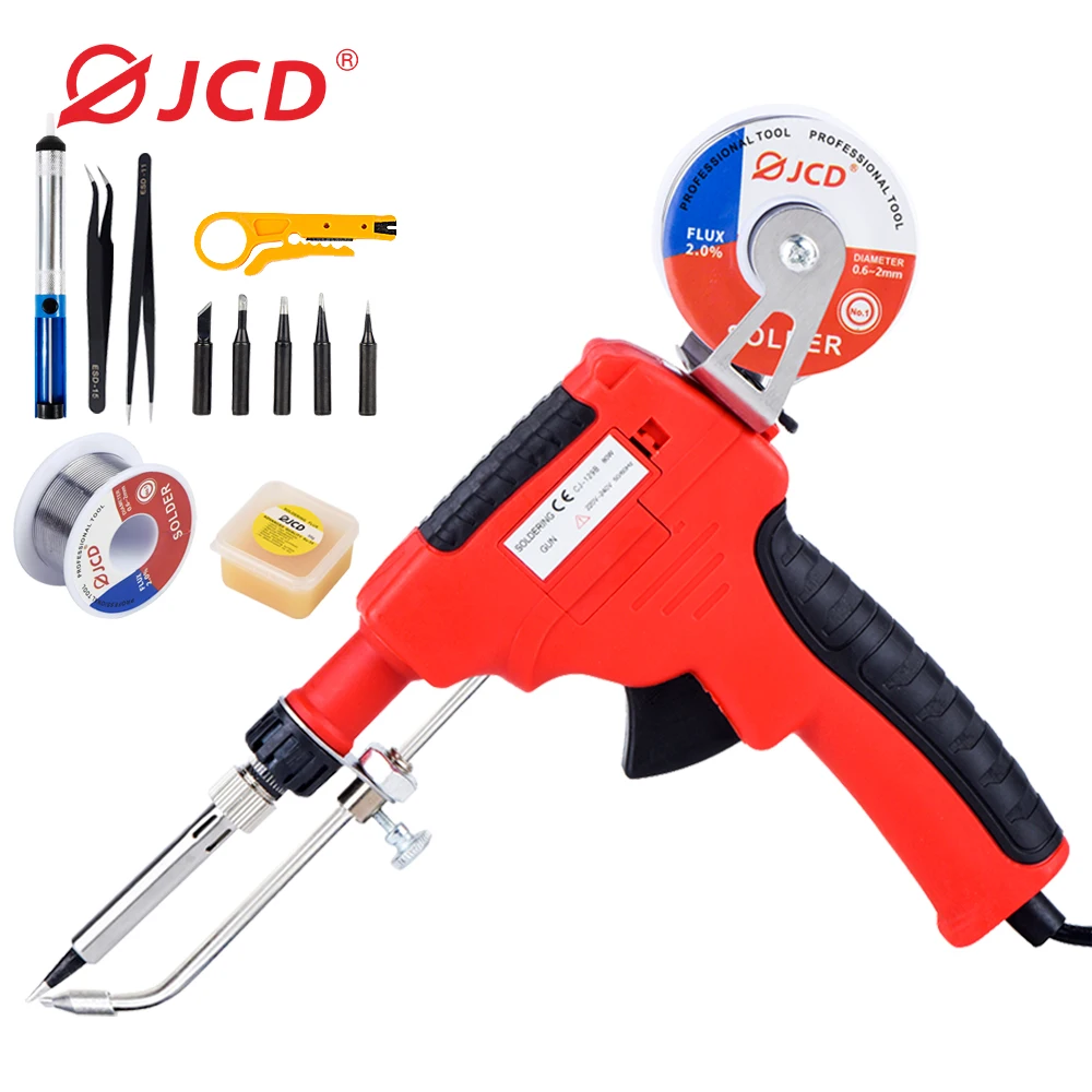 

JCD 80W Soldering Gun Kit Soldering Iron With 5pcs Soldering Tips Desoldering Pump Tweezers Soldering Wires Repair Tool