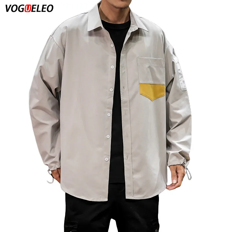 VOGUELEO/2019 осенние мужские рубашки больших размеров мешковатые однотонные с