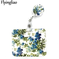 blue green flowers fashion women card holder lanyard colorful retractable badge nurse doctor student card clips badge holder