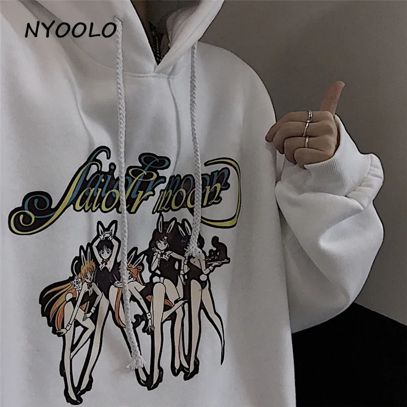 NYOOLO Harajuku мультфильм Сейлор Мун с буквенным принтом свободные теплые толстовки зимние уличные пуловеры с капюшоном флисовая Толстовка для женщин и мужчин