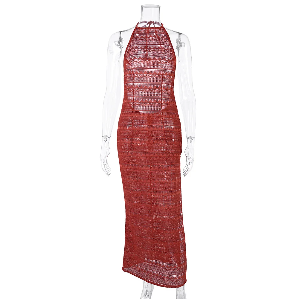 

Summer Elegant Knitted Halter Beach Dress Solid Sleeveless Hollow Out Women Female Sleeveless High Waist Long Dress