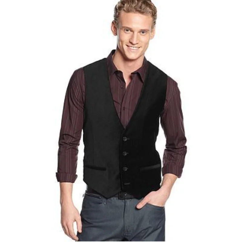 Chaleco de terciopelo negro para hombre, Chaleco Ajustado de Color sólido a la moda, estilo inglés, informal, Formal, de negocios, para boda (0)