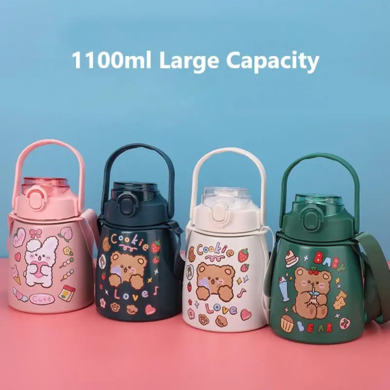 

1100ml Pot-bellied Thermos Portable Large-capacity Insulated Kettle Children Cartoon Drinking Straw Cups Couple Drinking Cups