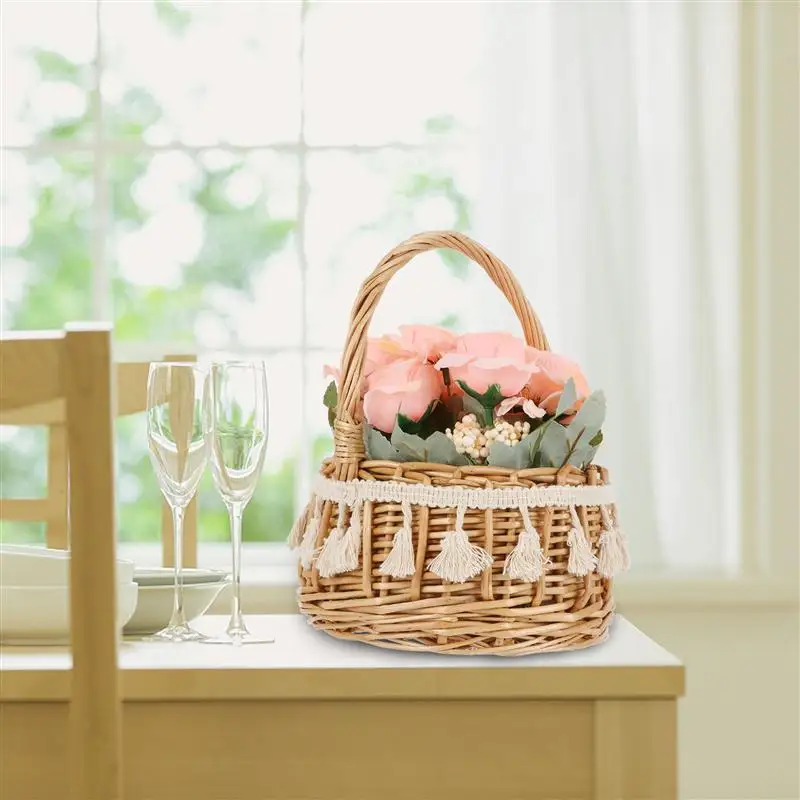 

1Pc Wooden Storage Basket with Artificial Flowers Wedding Photo Prop (Azalea)