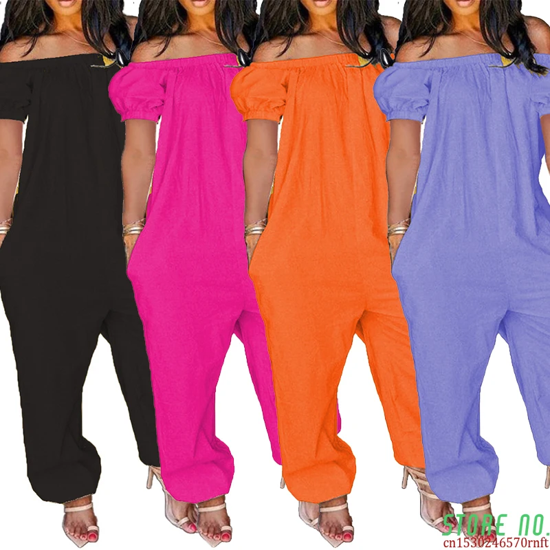 

Plus Size S-4xl Jumpsuit Women Elegance Wholesale Off Shoulder Solid Short Sleeve Loose Overalls One Piece Outfits Dropshpping