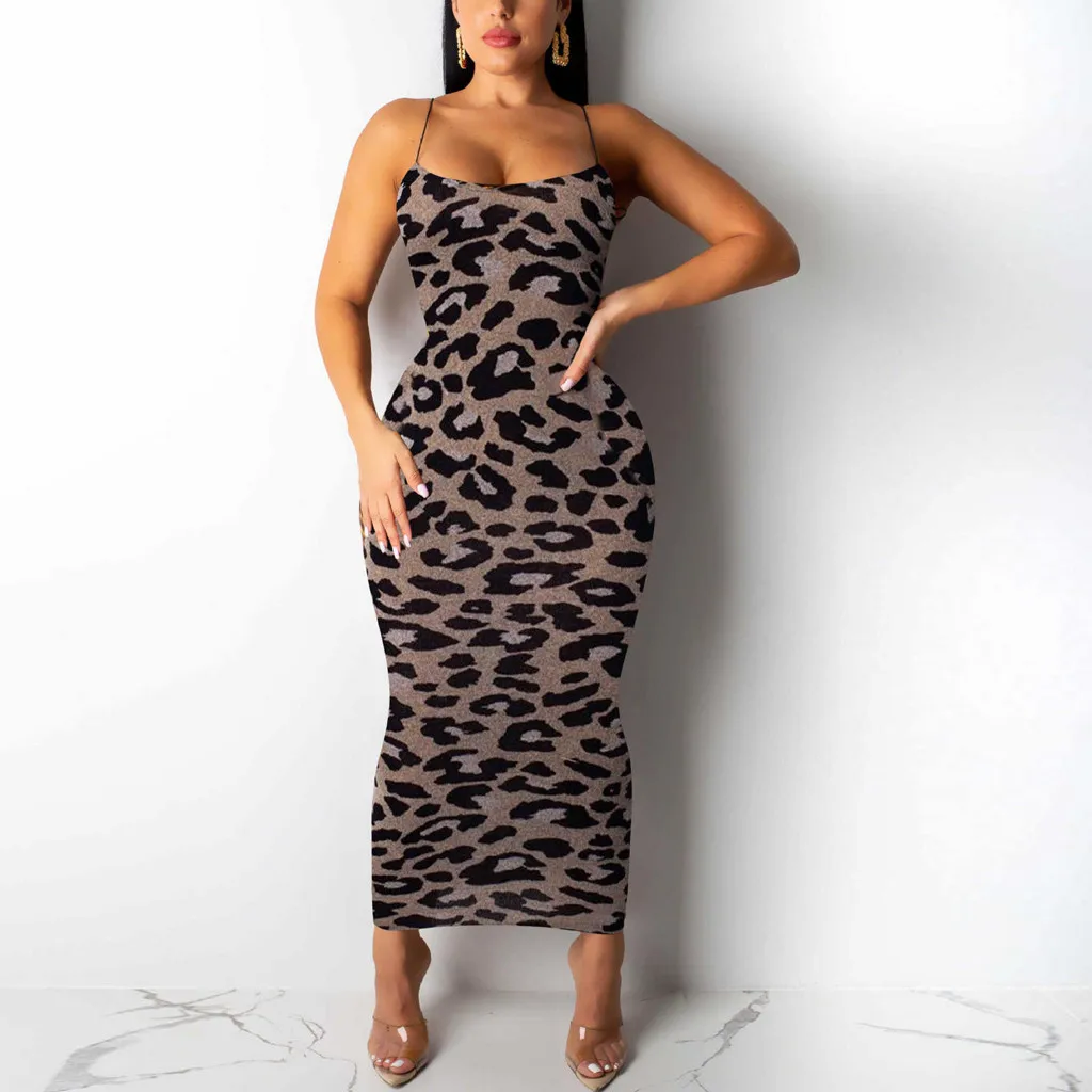Модное женское платье на бретельках сексуальное леопардовое без рукавов