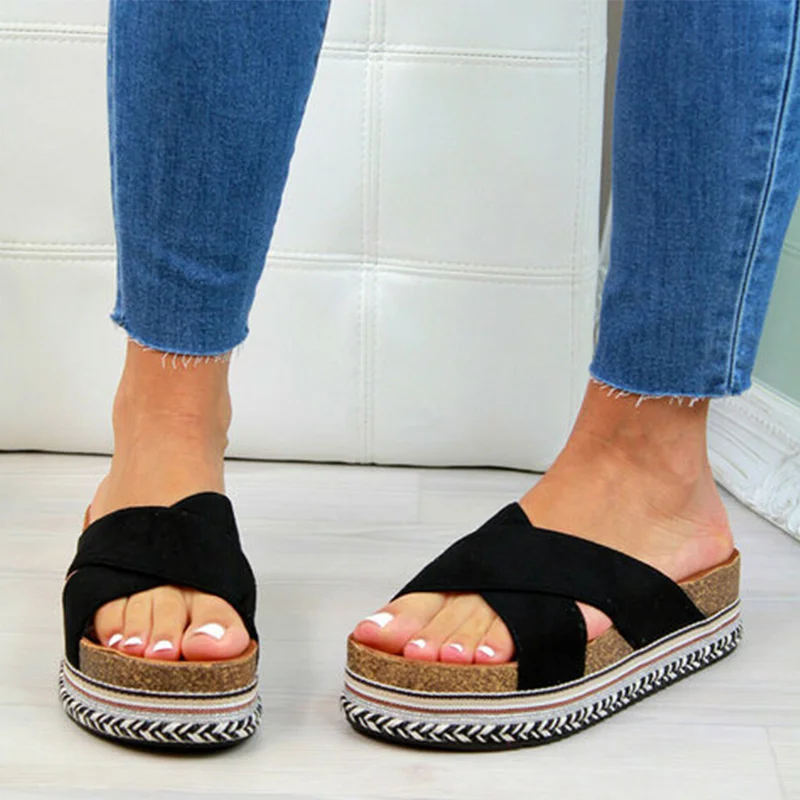 

Slippers Women Platform Cross Tie Causal Slides Summer Sandals Woman Flat Soft PU Leather Women's Shoes Plus Size 35-43 Female