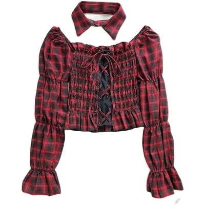 Ruibbit панк Харадзюку Тонкая Клетчатая рубашка Модные женские Топы с длинным