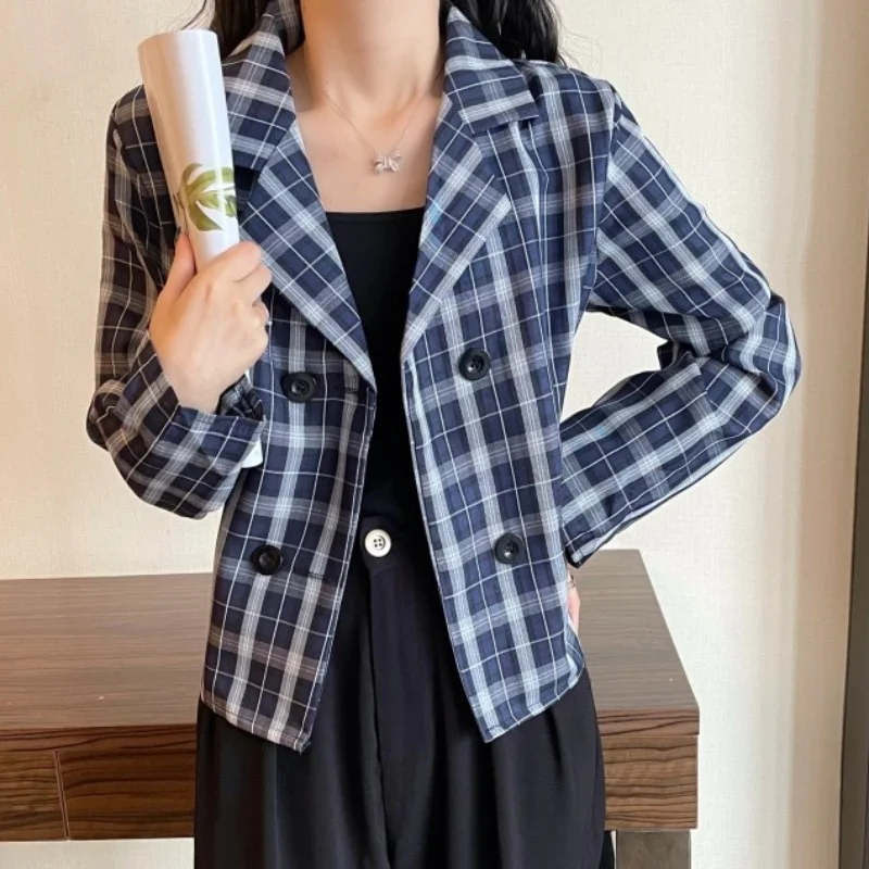 Женский дизайнерский клетчатый костюм короткое пальто с длинным рукавом