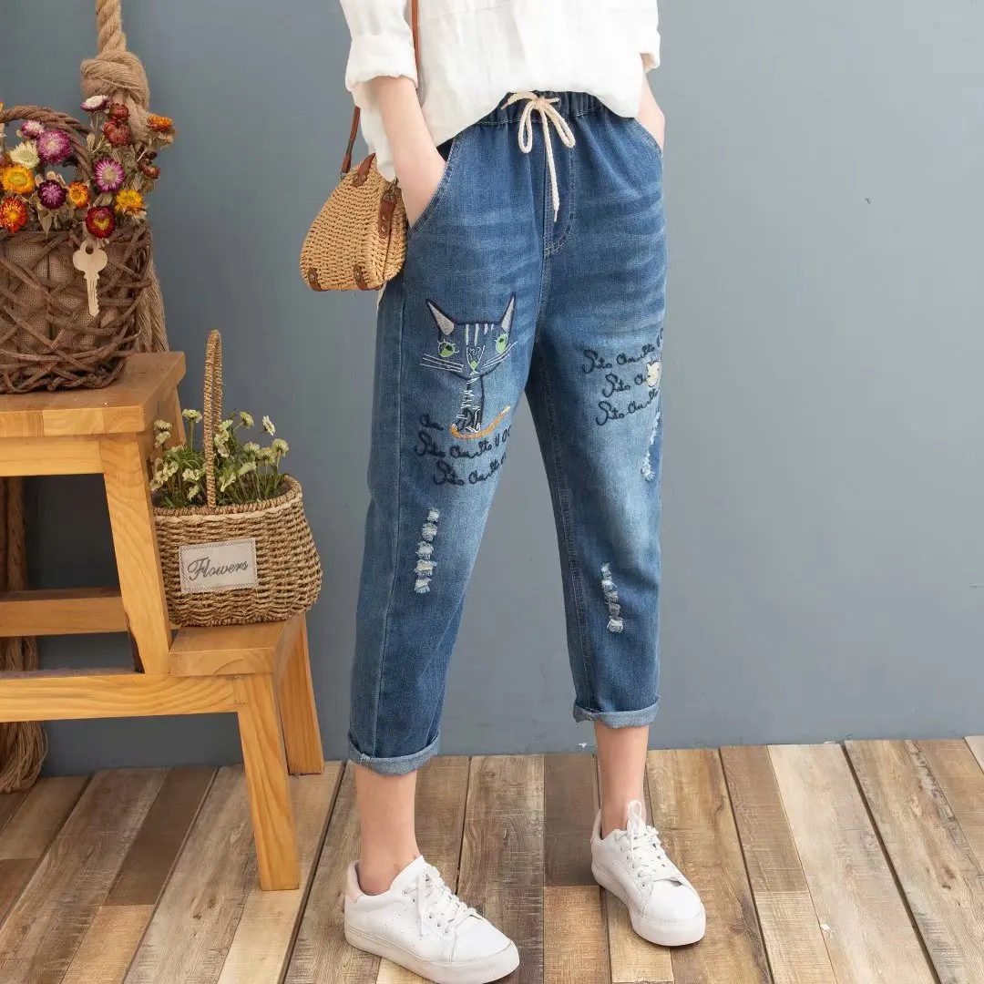 Новинка лета 2020 женские джинсовые брюки с вышитыми цветами свободный