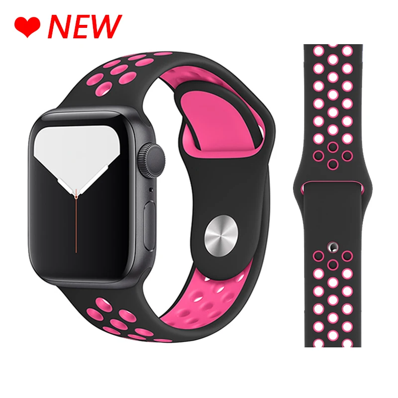 Дышащий силиконовый спортивный ремешок для Apple Watch 5, 4, 3, 2, 1, 42 мм, 38 мм, резиновый ремешок для Nike+ Iwatch 5, 4, 3, 40 мм, 44 мм - Цвет ремешка: 27 Black Pink Blast