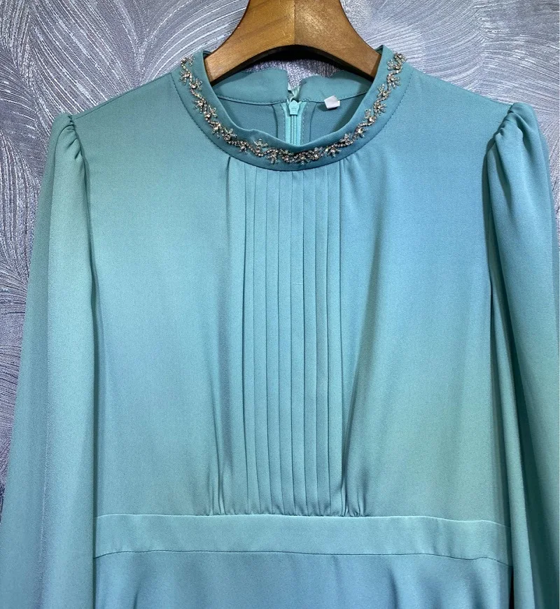 

High Quality New Runway Dress 2021 Spring Summer Style Women Hand Made Beading Long Sleeve Big Swing Blue Black Dress Vestidos