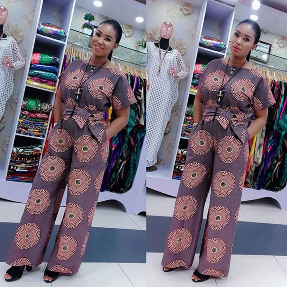 

Elegant Sexy Rompers Short Sleeve Wide Legs Pants Spots Print High Waist Jumpsuit For Women Sashes African Clothes Holiday