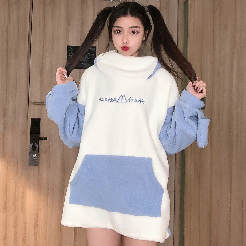 

Shark Embroidery Zipper Letter Plush Hoodie Loose Pullover Hooded Sweatshirt with Large Front Pocket ENDQ