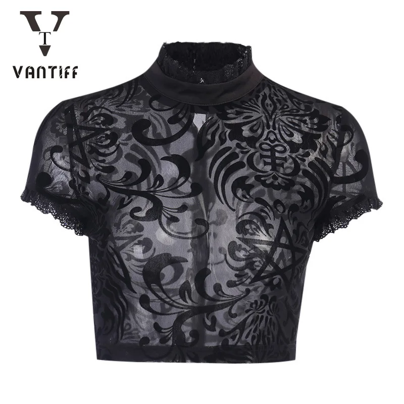 

Women Palace Retro Sexy Crop Tank Tops Women Velvet Perspective T-shirt Femaleshort-sleeved Exposed Umbilical Sexy Top Clothes