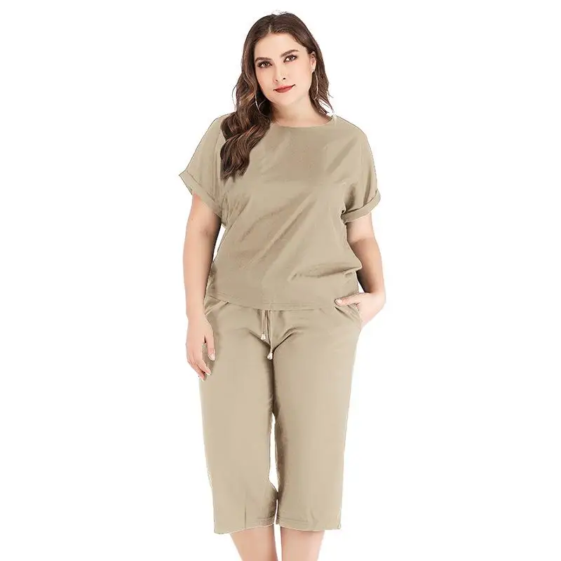 

XL-5XL Plus Size Summer Suit Women 2 Piece Set Clothing Big Size solid color 2 Piece Outfits sportswear Tops and Pants Set