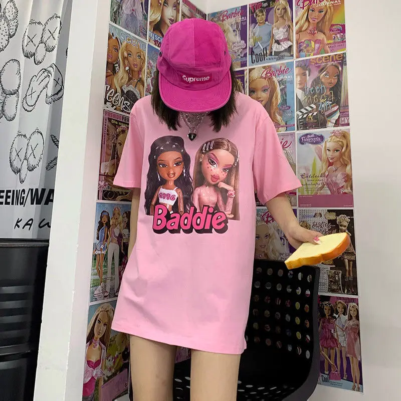 

100% Cotton Cute Barbie Rose Red Loose Short Sleeve T-shirt Female Girl Cartoon O-neck Cartoon Printed Top Large Size T-shirt