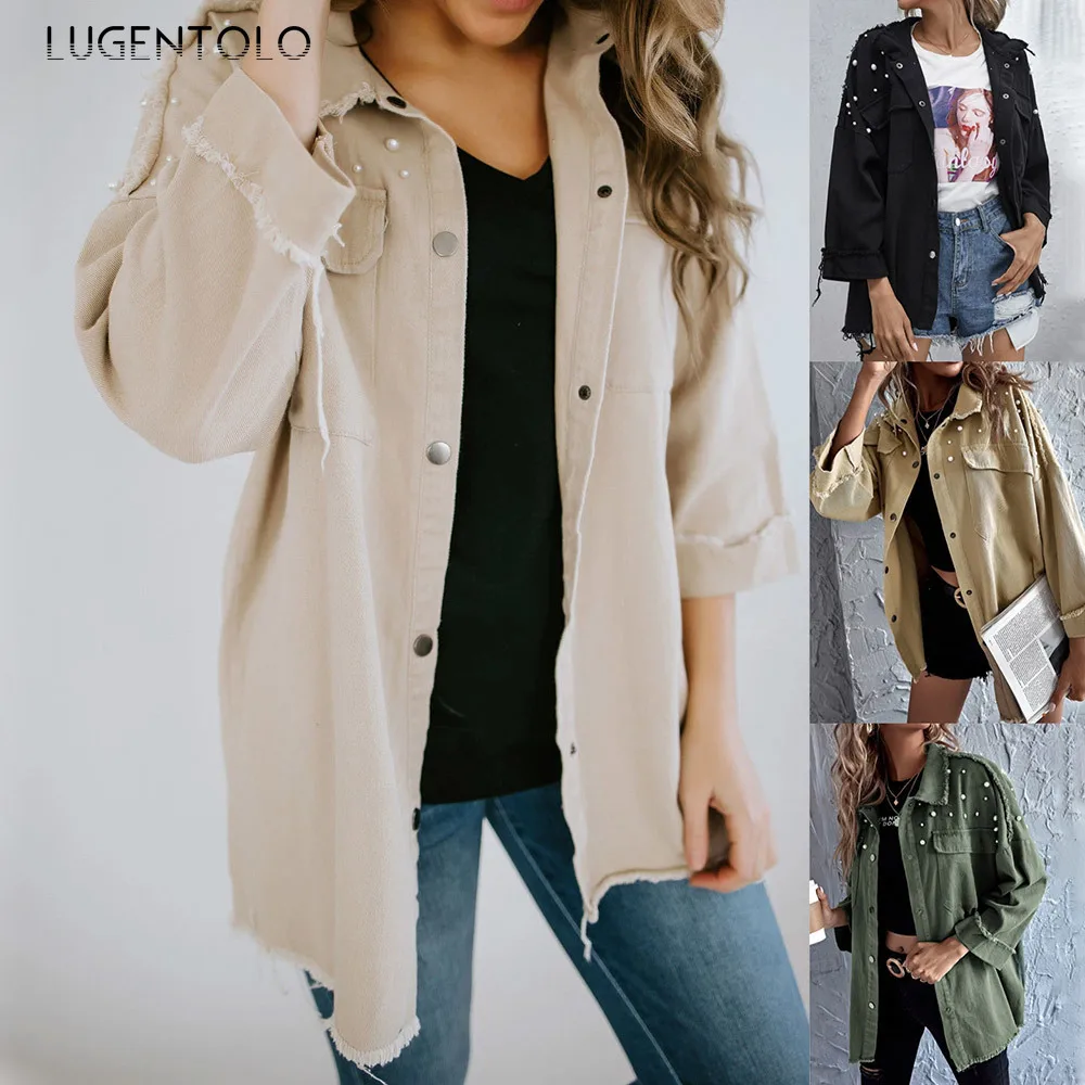 

Lugentolo Denim Coat Women Autumn Lapel Pearl Denim Jacket Female Casual Solid Single-breasted Street Loose Jackets