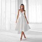 Белое короткое свадебное платье, атласное простое ТРАПЕЦИЕВИДНОЕ ПЛАТЬЕ невествечерние, длиной ниже колена, винтажное платье на тонких бретельках с открытой спиной, без рукавов