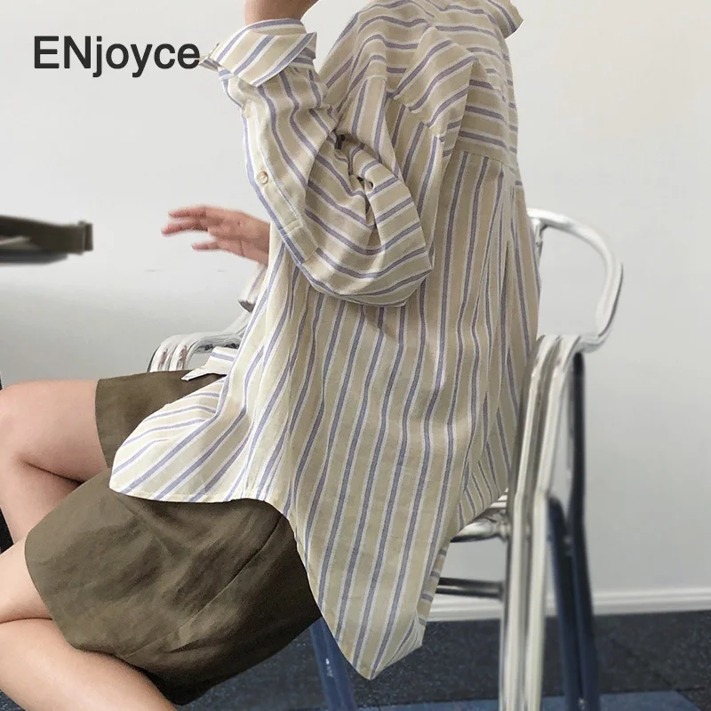 Винтажные полосатые рубашки женские повседневные блузки в Корейском стиле