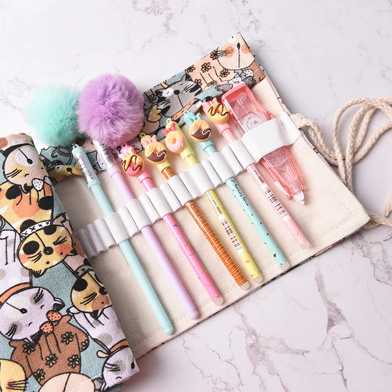 

School Pencil Case Box Stationery Vintage Cartoon Cats Canvas Pen Roll Up Bag Curtain Pencils 36/48/72
