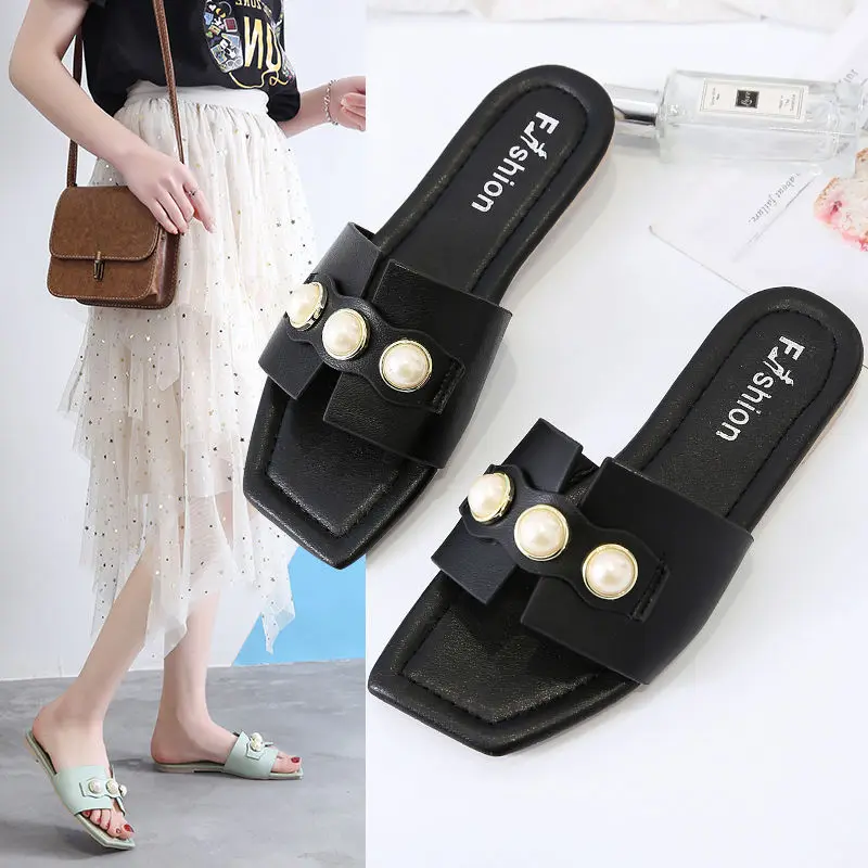 Шлепанцы женские с жемчугом Нескользящие плоская подошва пляжная обувь модные