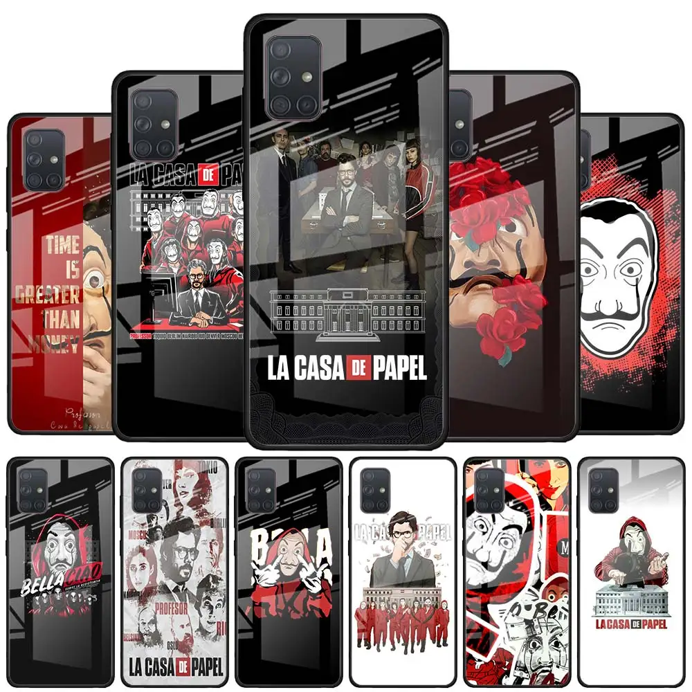

Tempered Glass Phone Case for Samsung Galaxy A51 A71 A21s A31 A41 A30 A50 A70 A81 A91 A01 M31 M51 Cover Money Heist House Paper