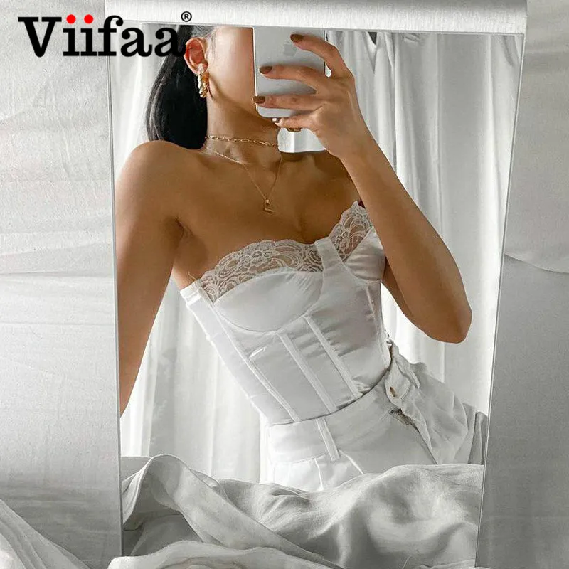 Viifaa кружевной отделкой Белый сатин без бретелек сексуальный корсет Топ Женская