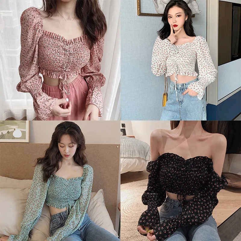 

Sexy Crop Top Summer New Square Collar Short Sleeve Blouses Sweet Pleated Floral Print Chiffon Shirts For Women