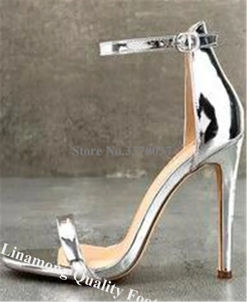 Очаровательные женские босоножки из лакированной кожи серебристые на тонком