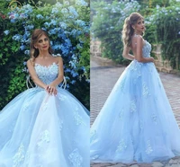 women prom dress blue 2020 lace applique florals ball gown vestido de festa longo noite formatura puffy evening gowns formal