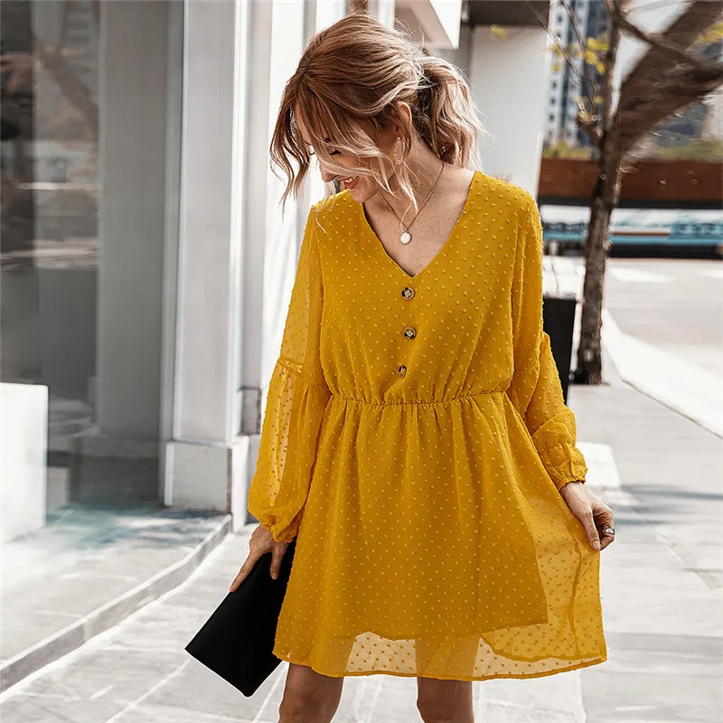 

Summer Casual Button V Neck Mesh Dress Women Full Length High Waist Solid Dress Female New Elegant A Line Above Knee Dress