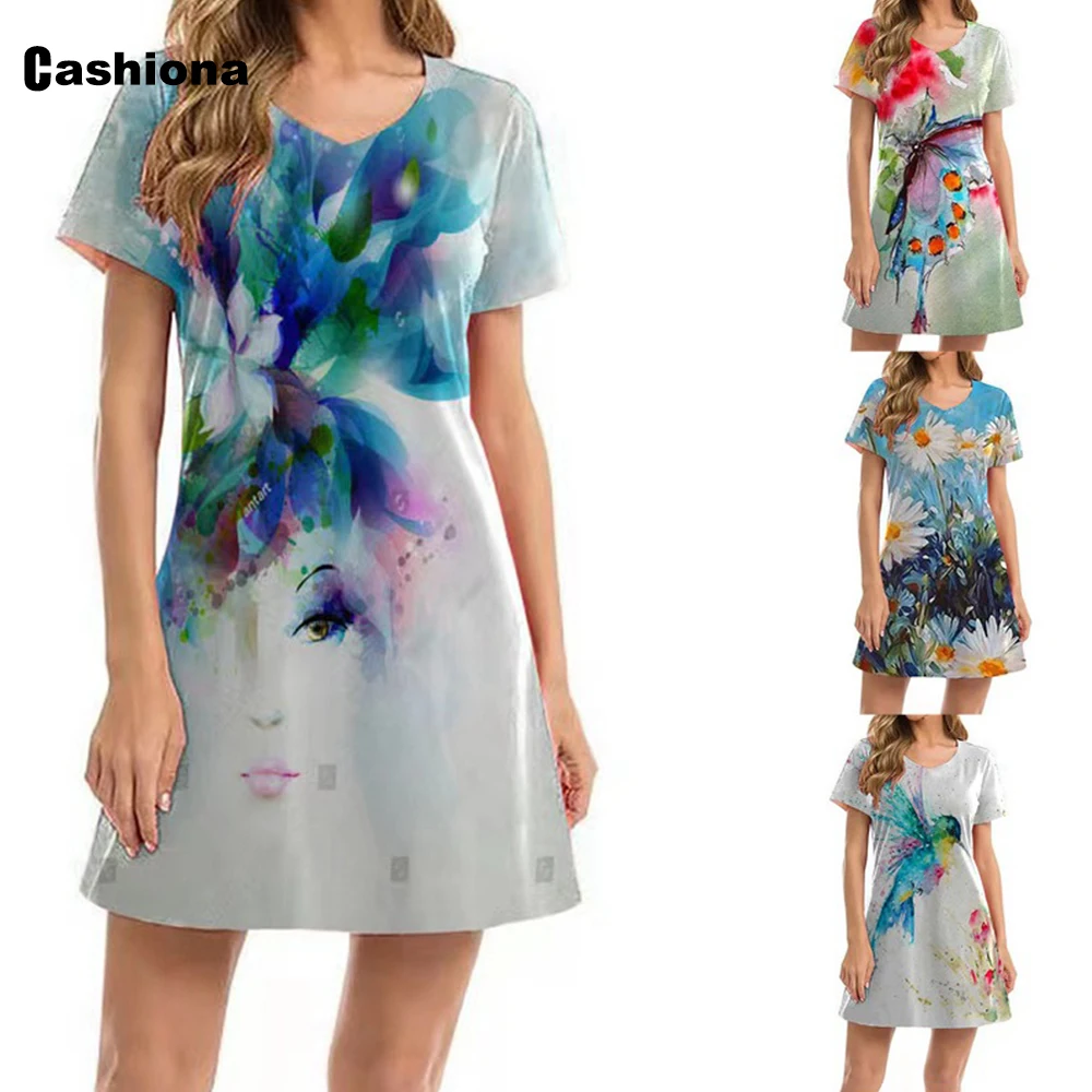 

Cashiona 2021 New Summer Short Mini Dress Women Bohemian 3D Print Shirt Dresses Loose Vintage Chic Dress Vestidos Femme