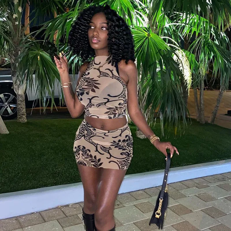 

2021 O-Neck See-Through Mesh Print Sexy Crop Top Skirt 2 Pieces Set Summer Women Streetwear Club Party Y2K
