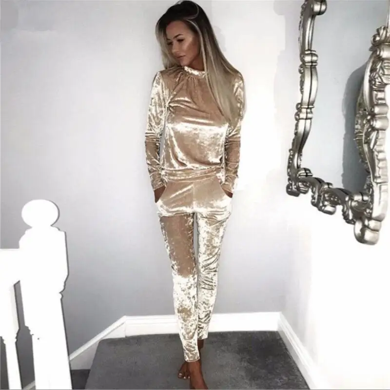 khaki 3XL 7 цветов Бархатный спортивный костюм женский костюм Бархатный комплект топ с длинными рукавами+ брюки велюровый спортивный костюм наборы для женский спортивный костюм - Цвет: khaki