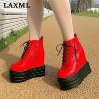 2021 hot selling casual womens shoes internally increased short boots round toe waterproof lace up wedges roman fashion boots