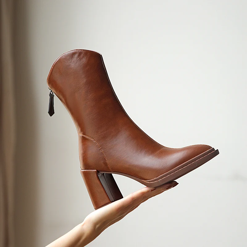 

GD-time Platforms Retro Mature Concise Women Ankle Boots Genuine Leather Thick Heels Autumn Winter Working Casual Shoes Woman