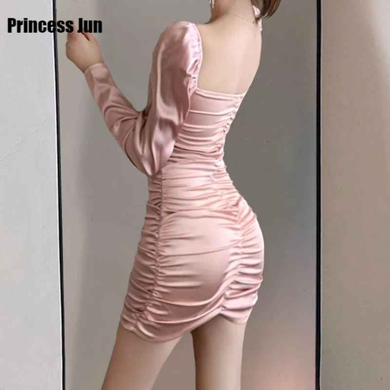 

Spring Summer New Sexy Mini Dress French Retro Palace Low-cut Open Back Pleated Bodycon Dress Long-sleeved Wrinkle Hip Dress