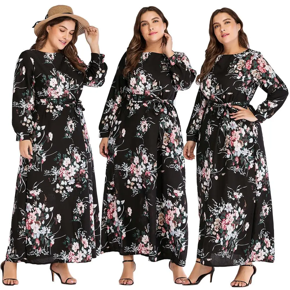 Женское длинное платье макси с цветочным принтом Abaya коктейльное круглым вырезом