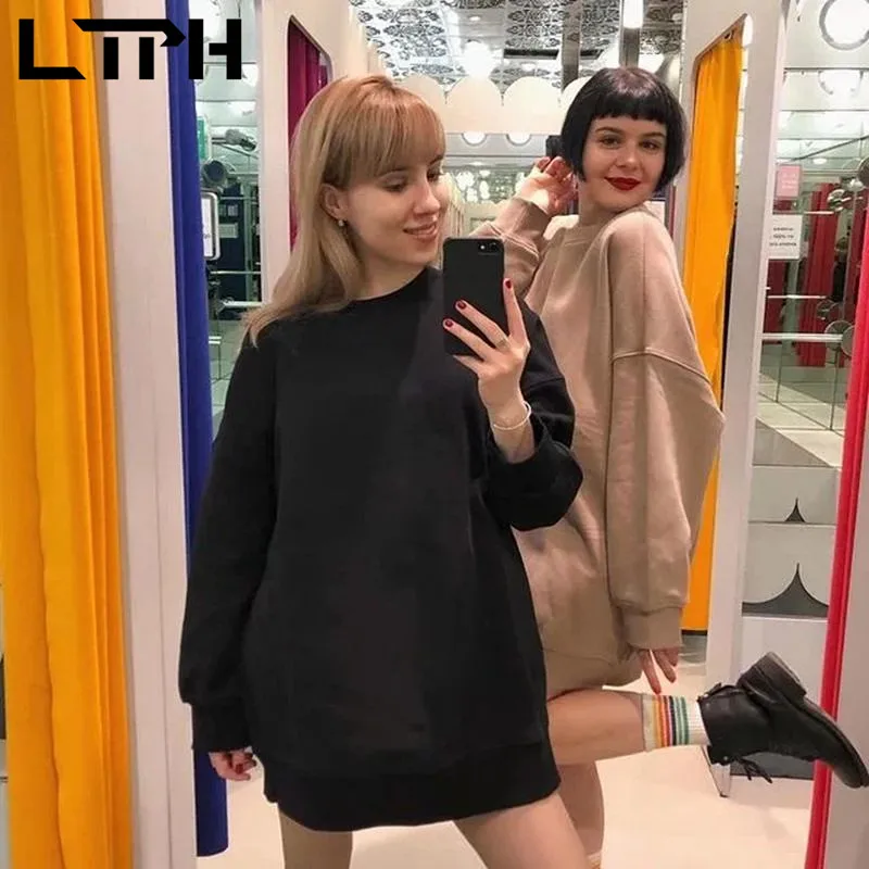 

LTPH одноцветные универсальные свитшоты Женский пуловер с круглым вырезом плюс плюшевый утепленный Свободный Повседневный Топ с длинным рук...