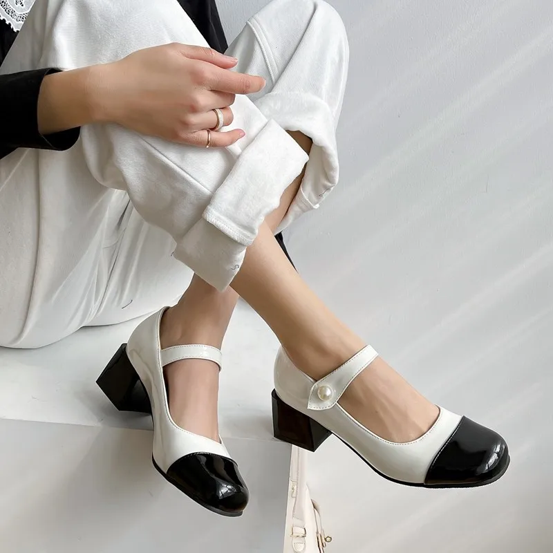 

Lolita Woman Mary Jane Shoes Size 43 New Fashion Mixed Colors Square Toe Patent Leather Chunky High Heels Japanese Pumps Shoes