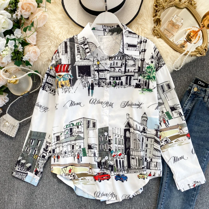 Женская блузка с винтажным принтом Асимметричная рубашка букв и галстуком