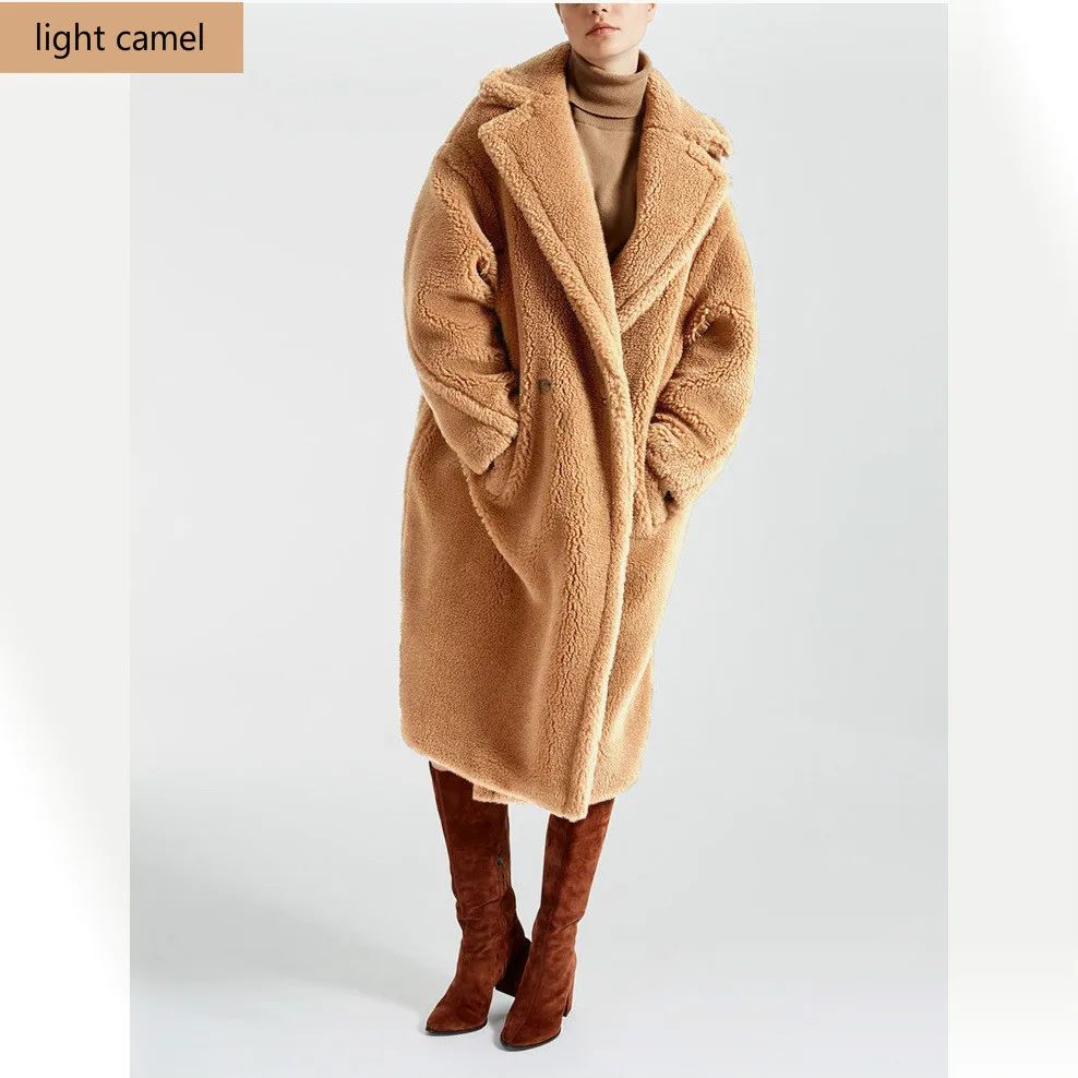 light camel Женское пальто из искусственного меха, Осень-зима, пальто из искусственного меха с рукавами-фонариками, плюшевое теплое плотное пальто для богинь, длинное плюшевое пальто для женщин - Цвет: light camel