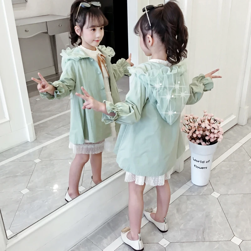 

Autumn New Baby Girls Windbreakers Cute Cotton Loose Hooded Long Coats Patchwork Pearls Fashion Solid Kids Clothes Vestidos