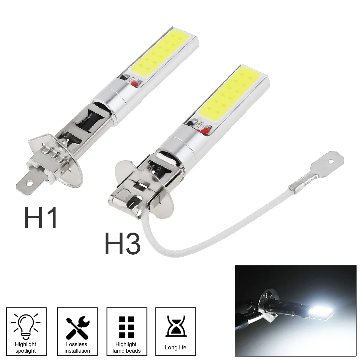 

1Pc H1/H3 Canbus Super Bright LED Bulb White Car Fog Light Headlight COB 12V 20W 6000K Running Light Bulb Auto Motorcycle Lamps