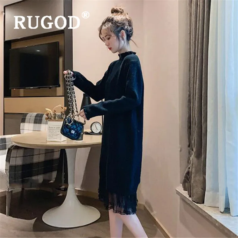 RUGOD новый осенний винтажный свитер платья для женщин водолазка тягучий край