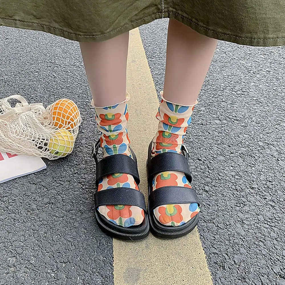 Милые носки из сетчатой пряжи с цветочным принтом для девочек кавайные в