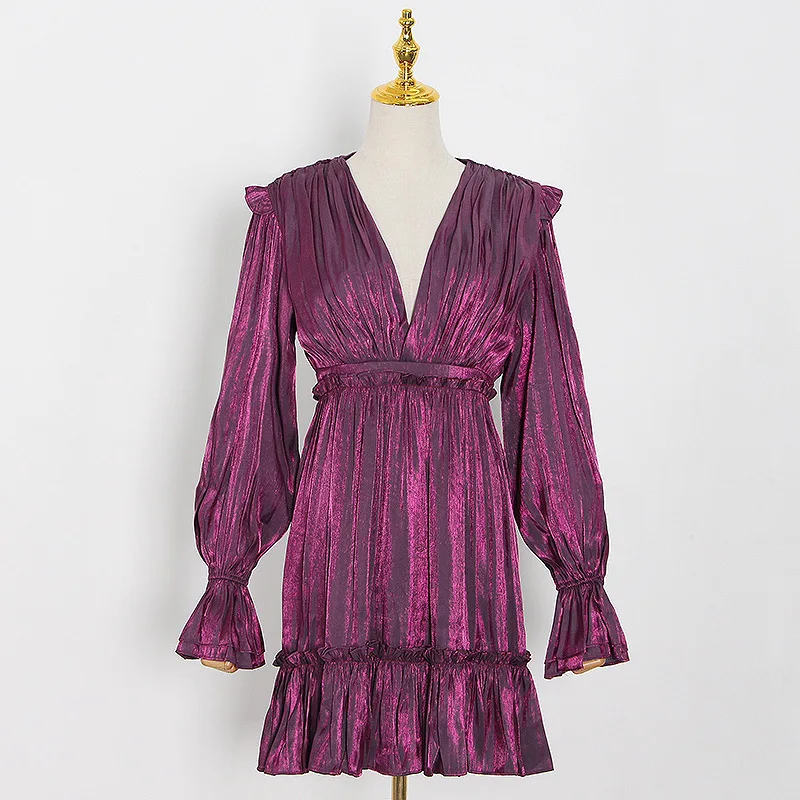 

Dress for Women Plus Size 2021 Autumn New Fashion V-neck Puff Sleeve Ruffled Short Dress Women Long Sleeve Dress