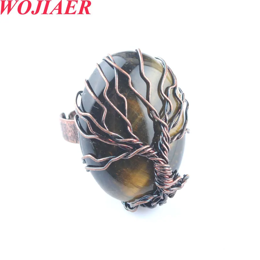 

WOJIAER One Piece Vintage Rings for Women Natural Stone Oval Tigers Eye Bead Wire Wrapped Tree of Life Adjustable Ring PO9111